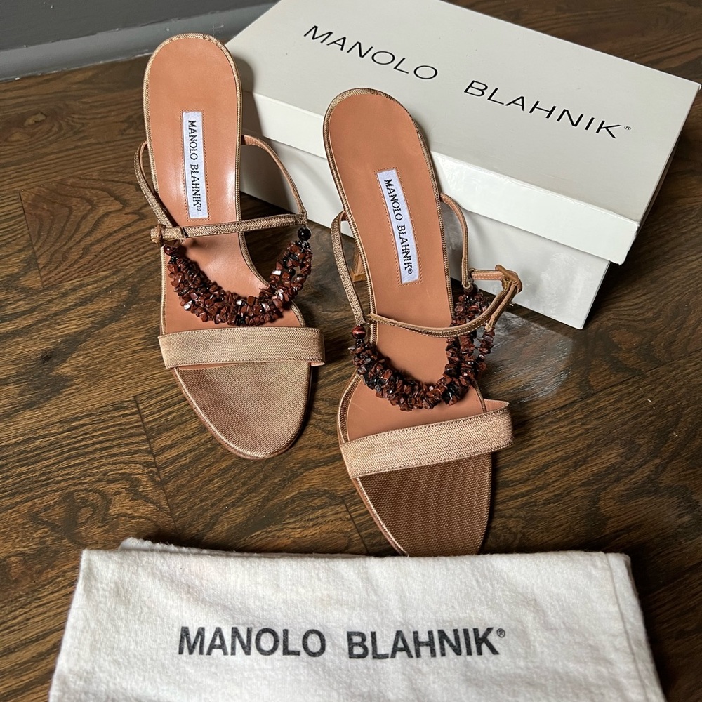 Manolo Blahnik Vintage Champagne Fabric Single Strap Pump